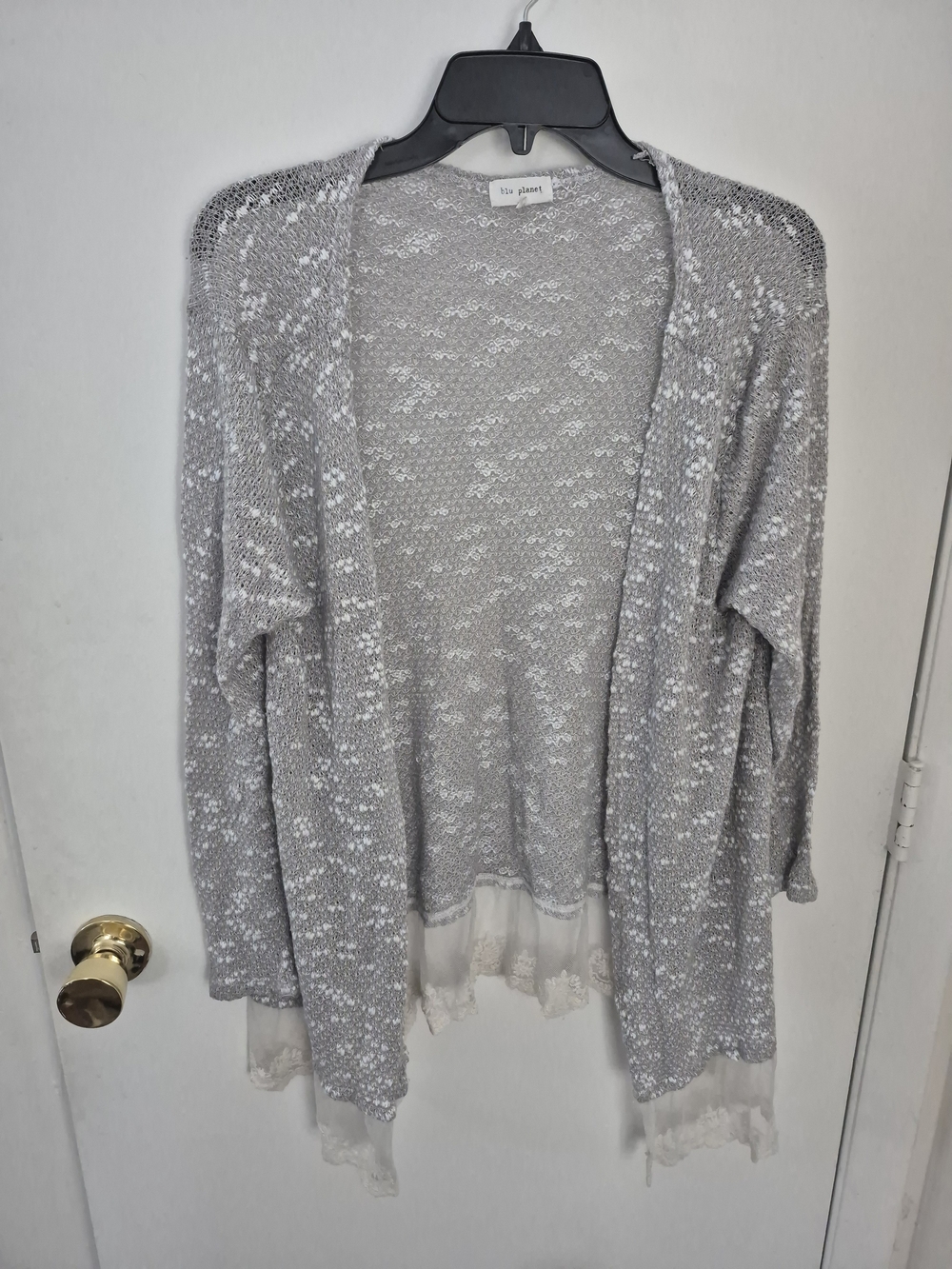 Blu Planet Light Gray Open-Front Lace-Trim Cardigan